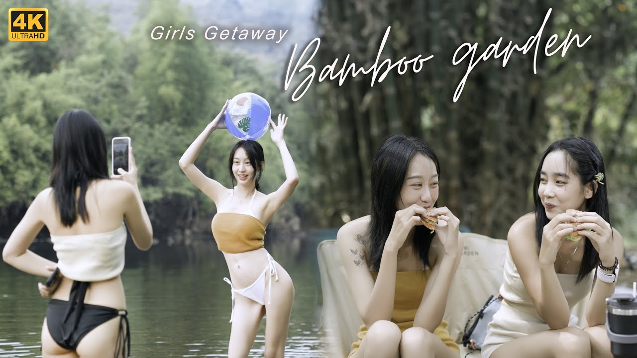 Duo girls vacation trip at bamboo garden, wear cute bikini and play in the water/ASMR camping EP21