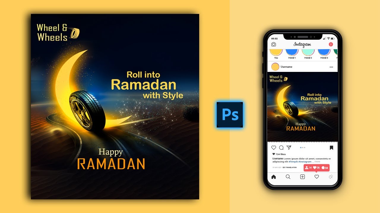 Ramadan Kareem Bike Wheel Social Media Banner Post Design in Photoshop Tutorial 