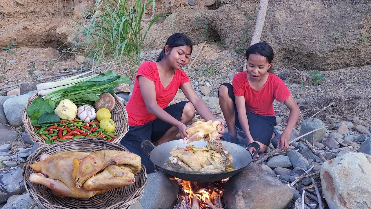Yummy! Chicken soup chili for food in forest, Eating delicious