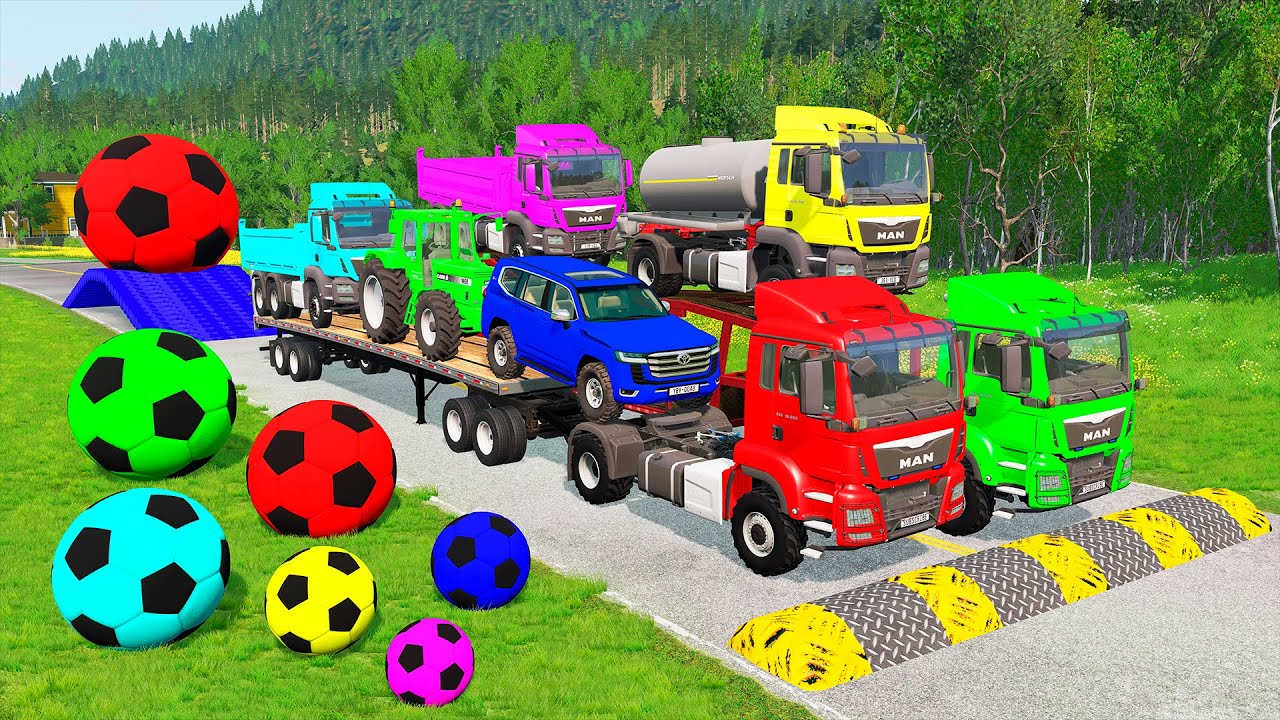 Flatbed Trailer McQueen Transportation with Truck - Speedbumps vs Cars vs Train - BeamNG.Drive #29