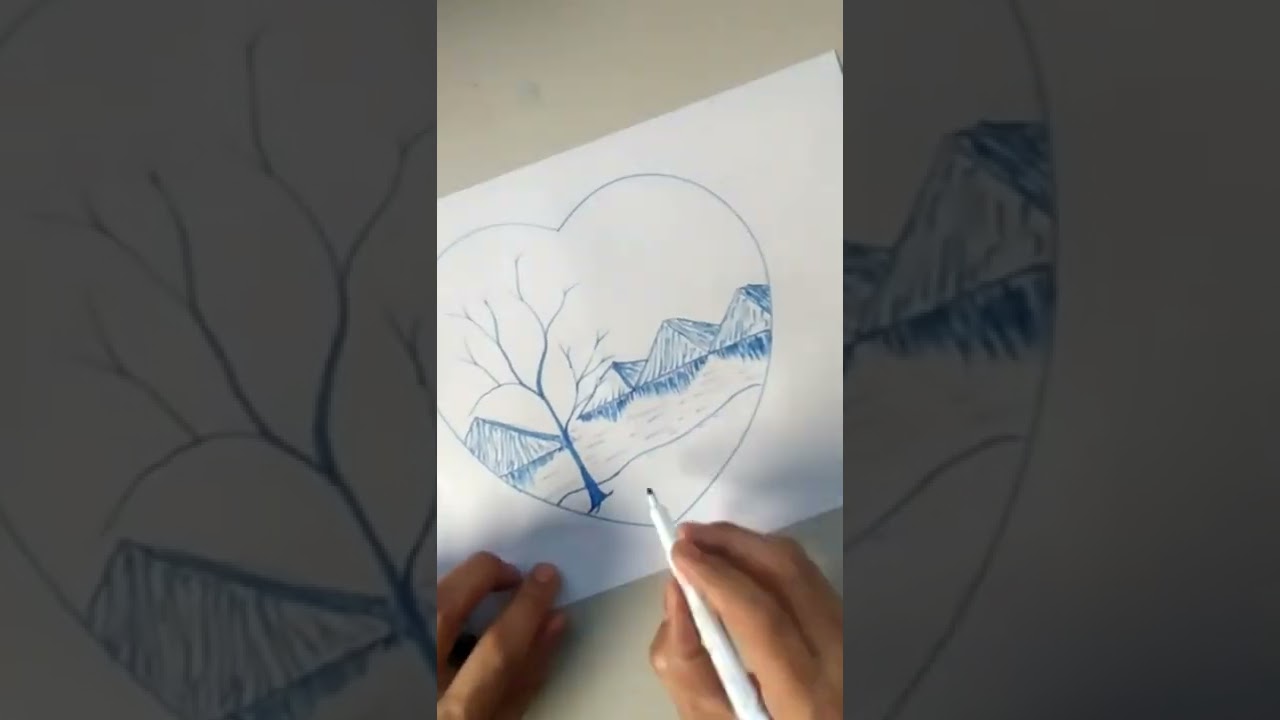 Beautiful scenery in love| mountain lake scenery drawing|love scenery|#short #scenery #easy