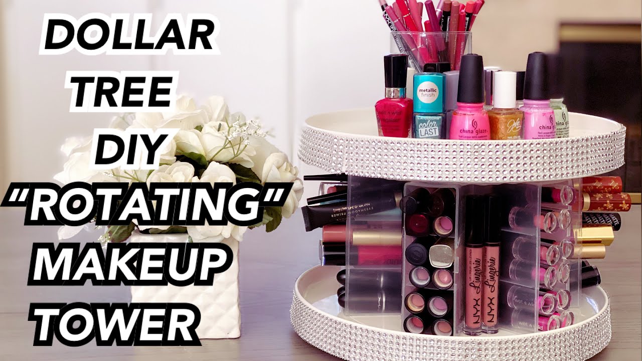 DOLLAR TREE DIY| MAKEUP ROTATING TOWER| TIERED DISPLAY ORGANIZER 2020| HOLDS 100+| DIY TUTORIAL