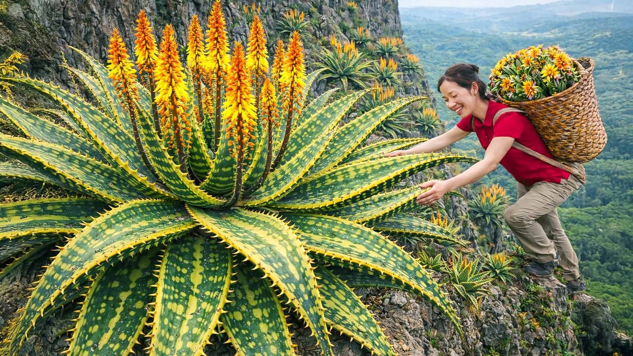 Girl Risks Her Life Harvesting Giant Immortal Emerald Crown Aloe Plants on a Cliff | Survival