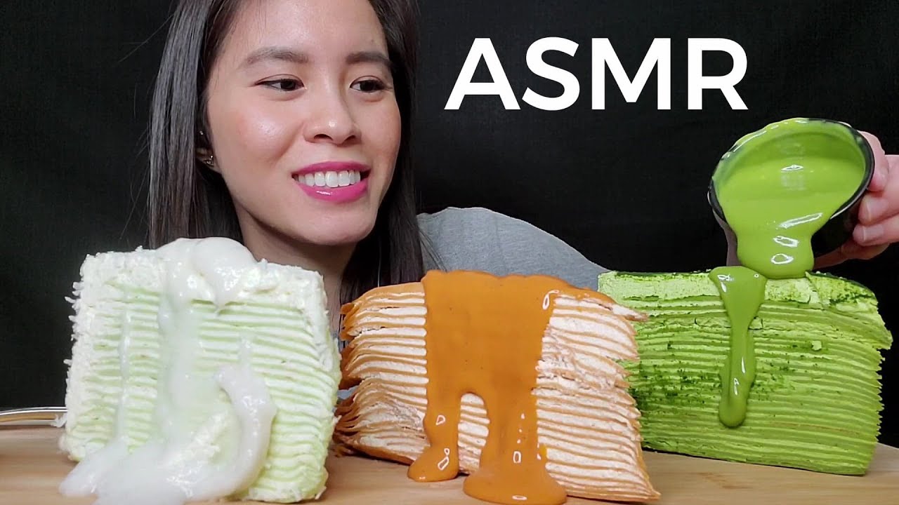 ASMR U DESSERT STORY CREPE CAKES COCONUT PANDAN, THAI TEA, MATCHA MUKBANG (No Talking) EATING SOUNDS