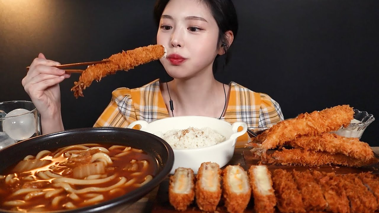 SUB)바삭끝판왕 돈까스 먹방! 치즈돈까스 왕새우튀김에 김치우동 카레까지 리얼사운드 Cheesy Pork Cutlet, Kimchi Udon Mukbang Asmr