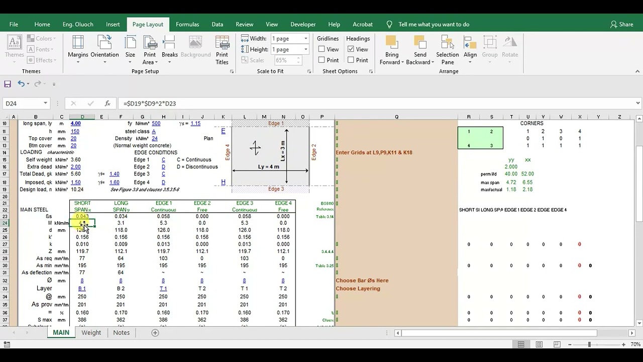 SLAB DESIGN IN EXCEL SPREADSHEET