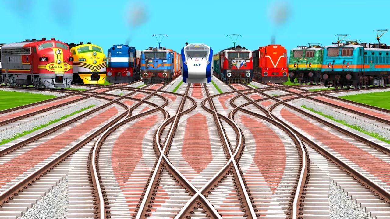 9 Trains Crossing On Bumpy Forked Railroad Crossing Tracks | Train Videos | indian train simulator 