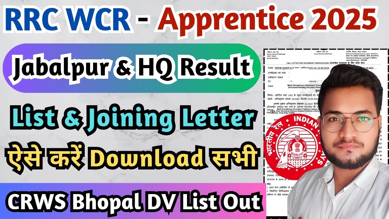 WCR Jabalpur Apprentice Joining Result 2025 Out, RRC WCR Joining Merit List, WCR HQ Merit List 2025
