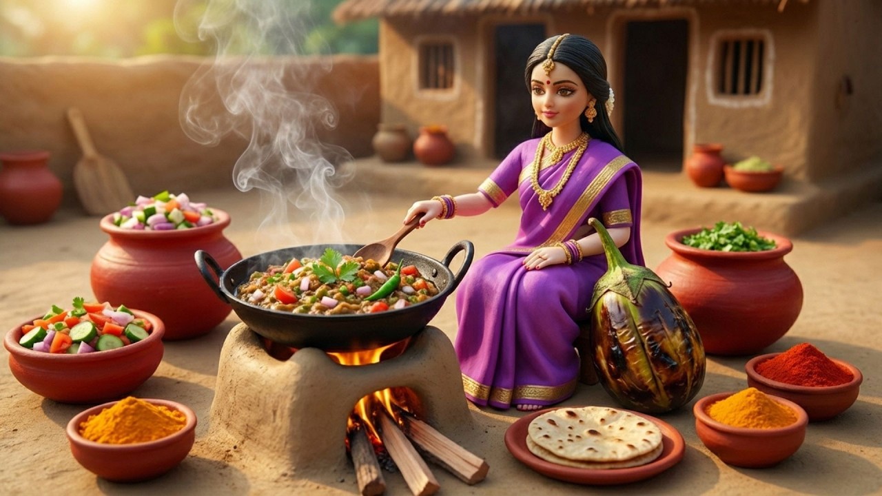 Miniature Doll Baingan Bharta Cooking ASMR | Indian Village Tiny Kitchen Recipe