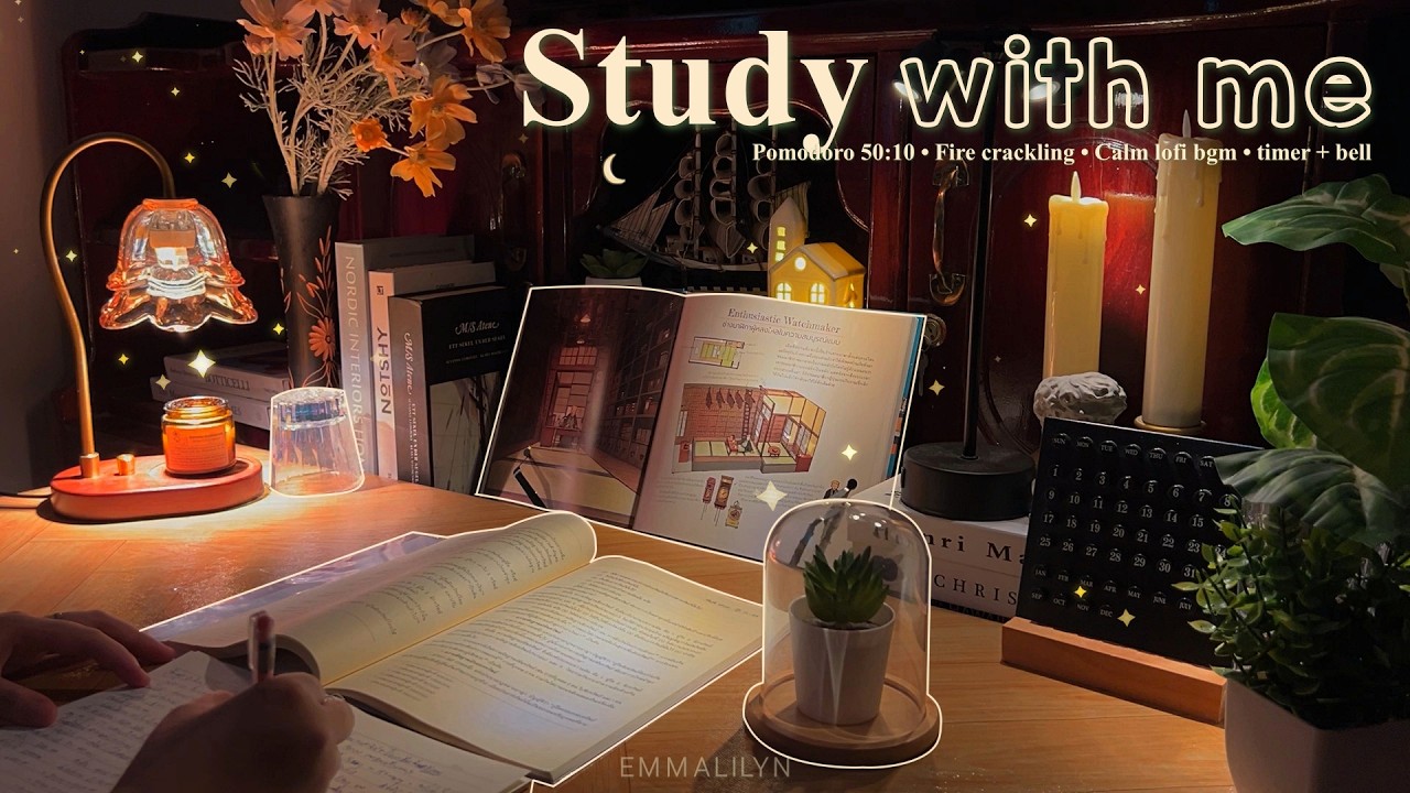 🧡3-HOUR Late Night STUDY WITH ME •  Fire Crackling🕯️+ Calm Lofi bgm • Pomodoro 50-10 • Day308🐋