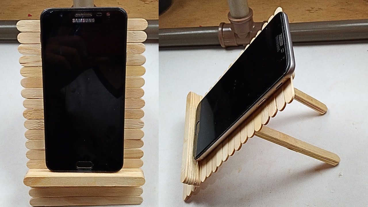 SUPORTE PARA DEIXAR O CELULAR EM PÉ FEITO DE PALITOS DE PICOLÉ