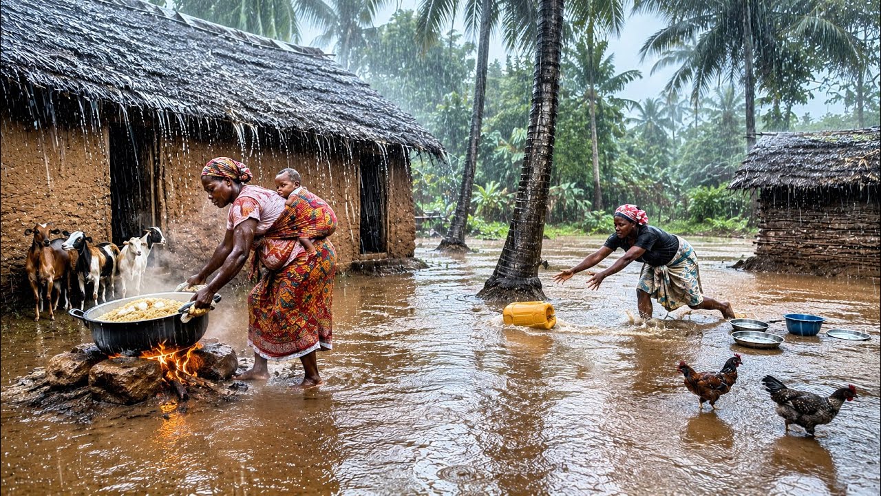 Heavy Rain Flooded Our Village🌧️Cooking Delicious Egg Biryani+Organic Veggies Under a Crazy Downpour