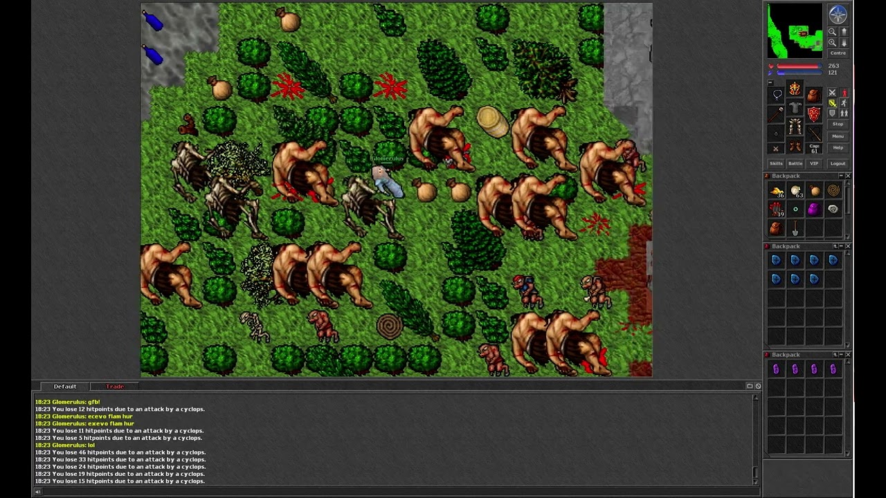 Tibia 7.3 (Level 30 Sorcerer hunts in Plains of Havoc, lures and kills player with Cyclops)