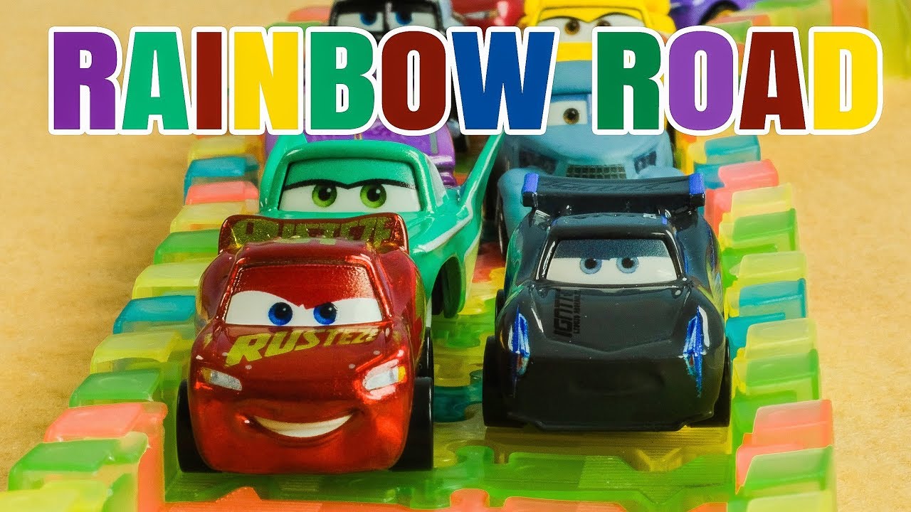 Rainbow Road Cars Race w/Legends McQueen & Storm Ramone Cruz Mater Flow Sheriff