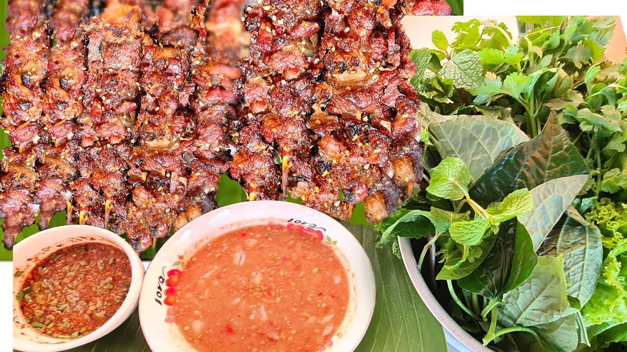 เมนู ปิ้งจ่ามเอ็นเนื้อ(ຈ່າມເອັນງົວ)ພ້ອມແຈ່ວຖົ່ວດິນຜັກນາງເລິດຫໍ່ແຊບໆมีสูตรหมัก
