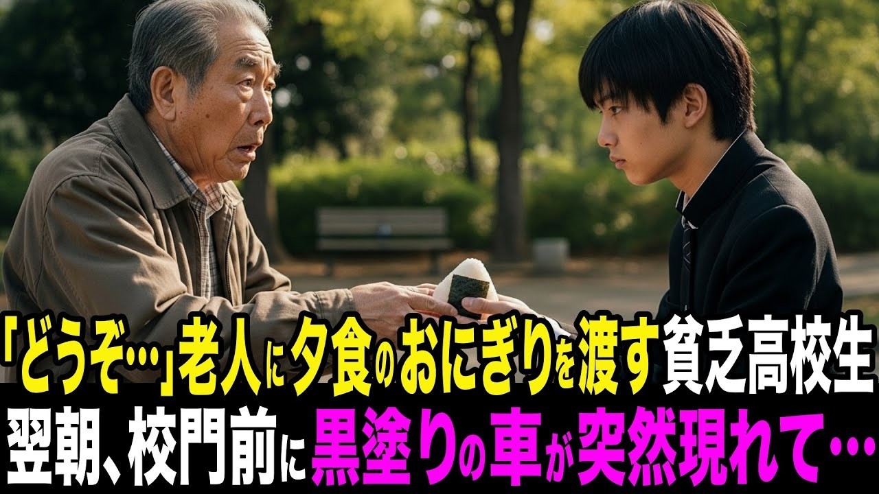 「どうぞ…これしかありませんが」公園のベンチに佇む老人に唯一の夕食であるおにぎりを渡す母子家庭貧乏高校生。翌朝、校門前に黒塗りの車が突然現れて…