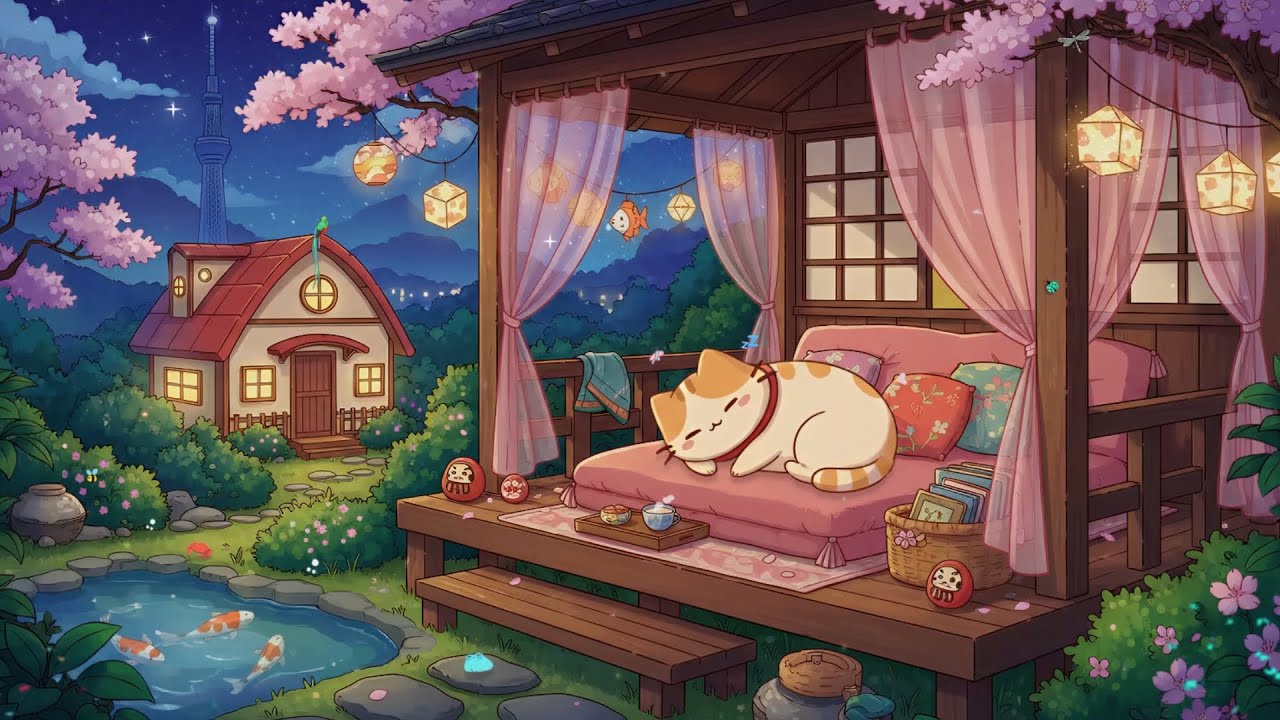 Spring Night Cherry Blossoms 🏮 Cloudy's Cat Lofi Mix 💤 Chill Beats to Sleep