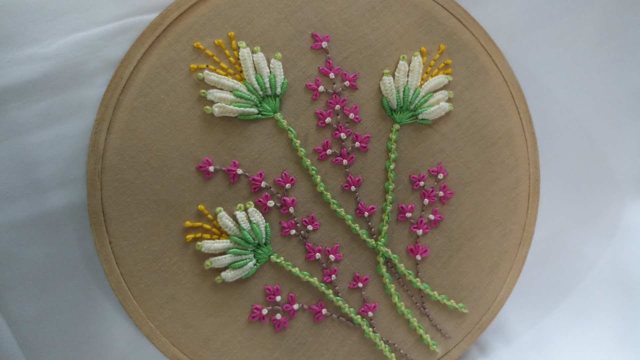 Hand Embroidery of flowers with double cast on stitch
