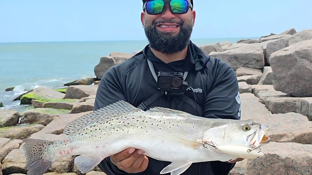 Speckled Trout fishing with Topwaters in the Surf and Jetty (Catch and Cook)