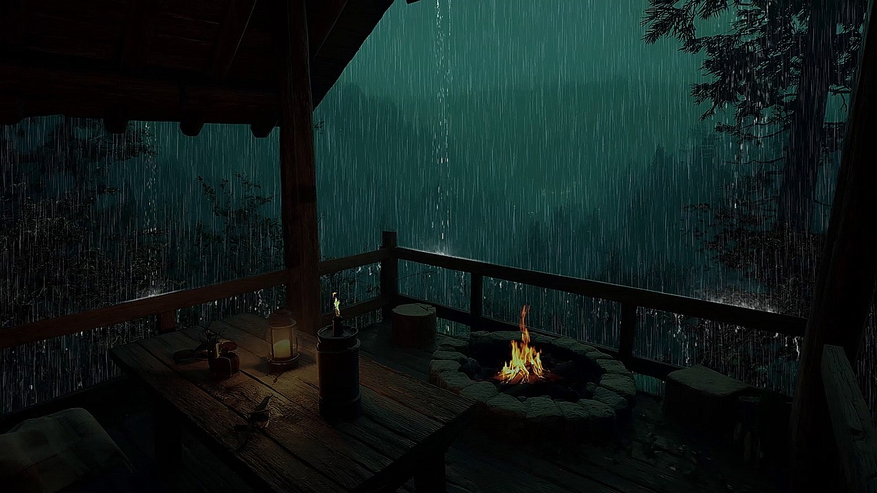Relaxing Rain Sounds in a Serene Dark Forest Cabin with Cozy Fireplace Ambience for Study