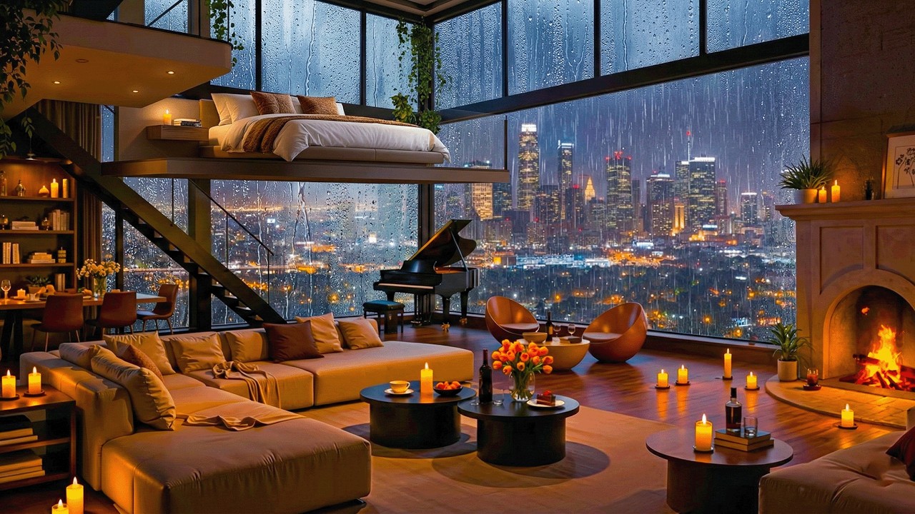 Cozy jazz & rain 🌧️ The crackling fire in an apartment during the rainy season helps with good sleep