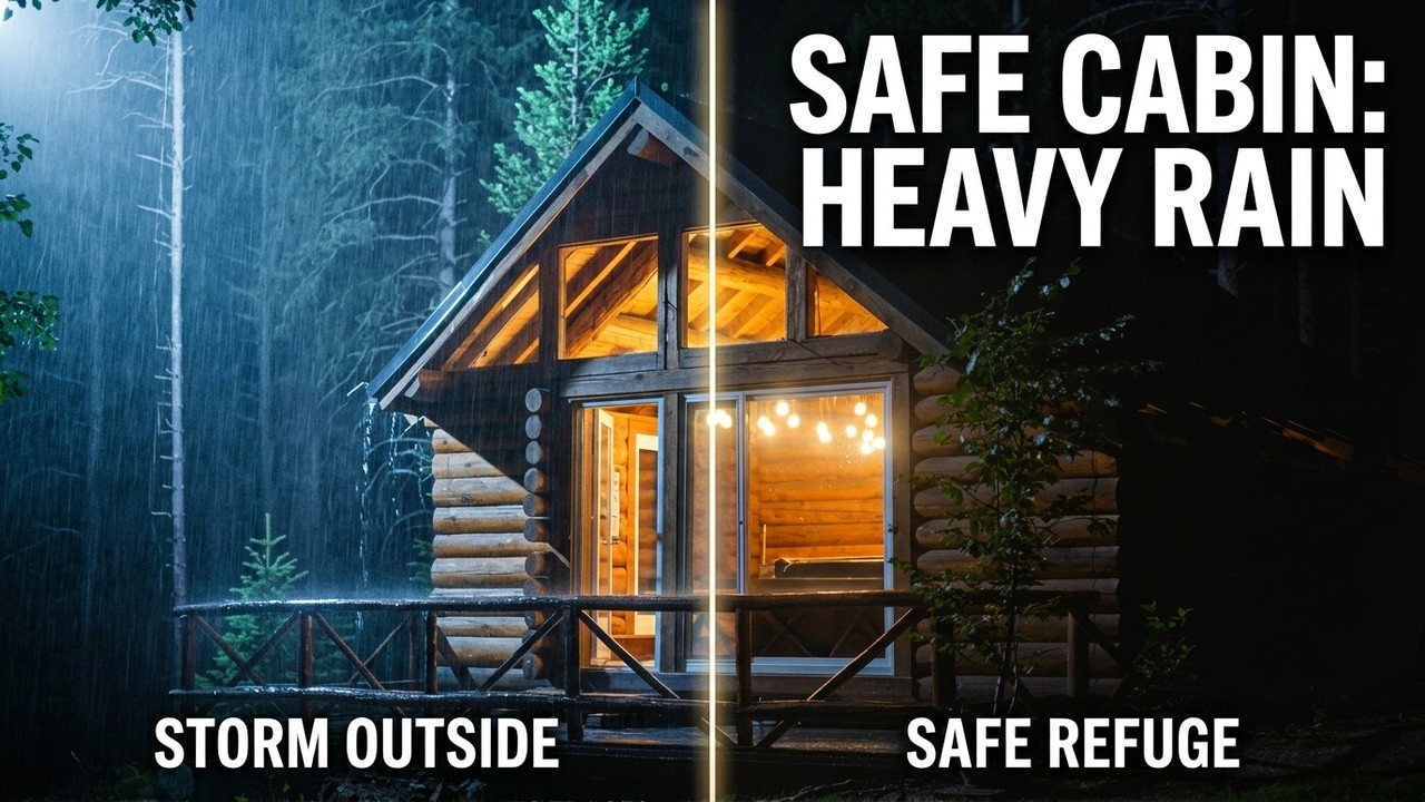 Rainfall Outside a Safe Wooden Cabin  Calm Night Refuge