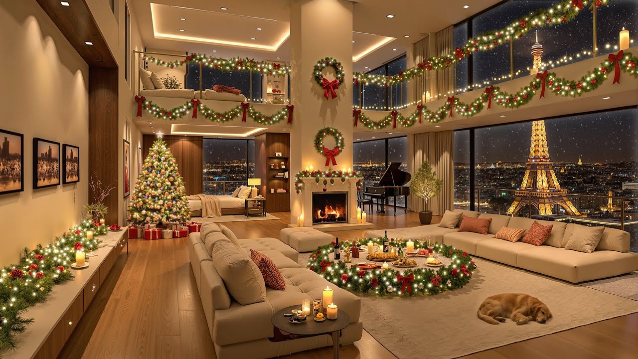Peaceful Christmas Night 🎄 Cozy Paris Apartment Ambience with Christmas Jazz & Crackling Fireplace