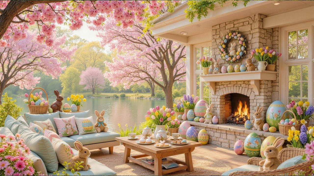 Happy Easter Day💐 Cozy Easter Ambience with Calm Piano Music & Fireplace 🐰 Cozy Spring Ambience