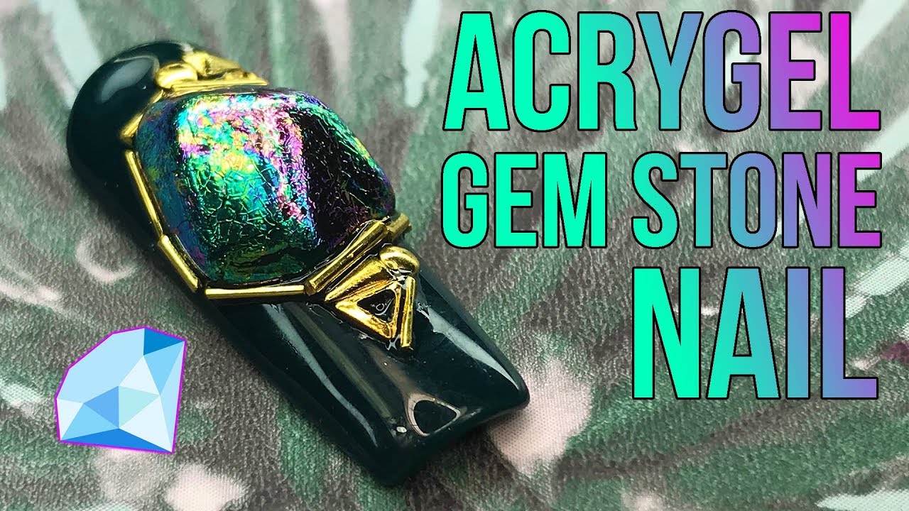 Precious Gem Stone Nail Design - Petrol Foil and Acrygel