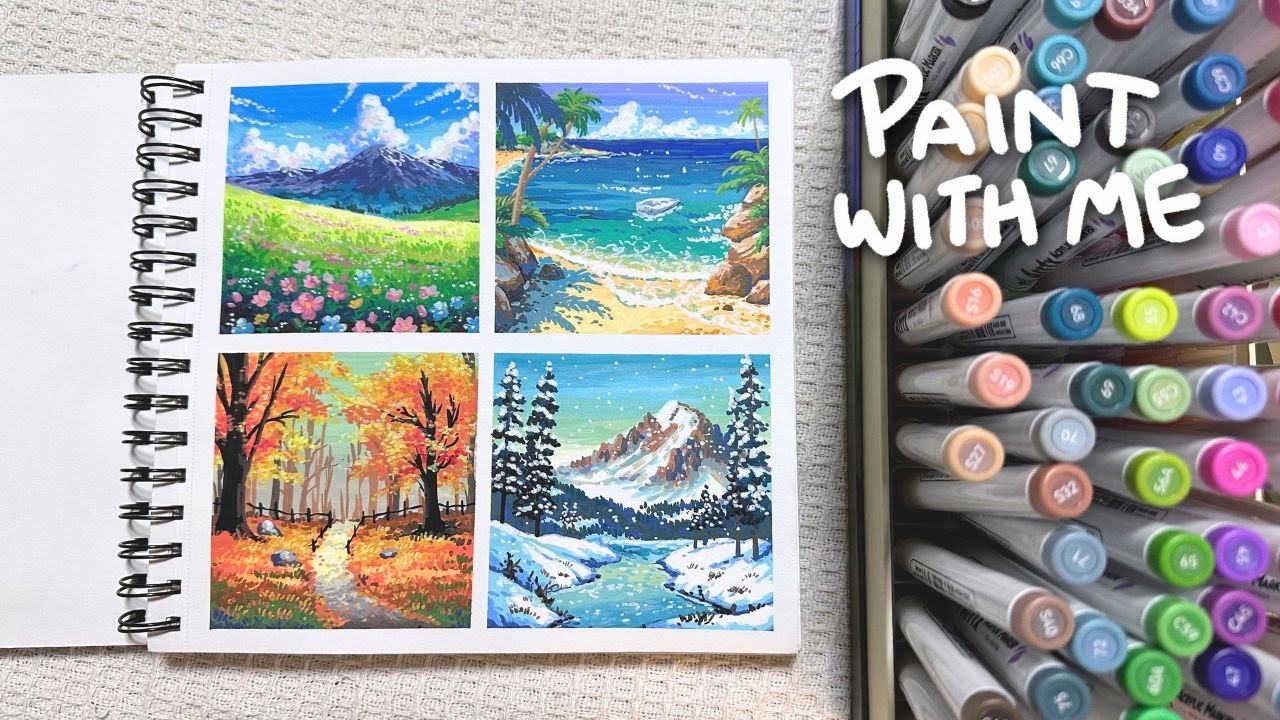 Painting simple landscape with new acrylic markers - Paint With Me /Cozy Art