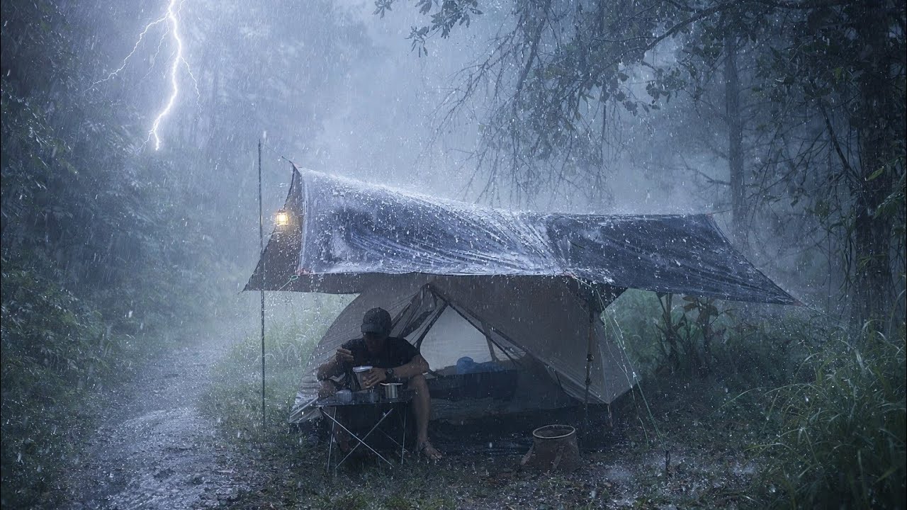 Solo Camping in HEAVY RAIN 🌧 Thunderstorm Sounds | Extreme Night ASMR