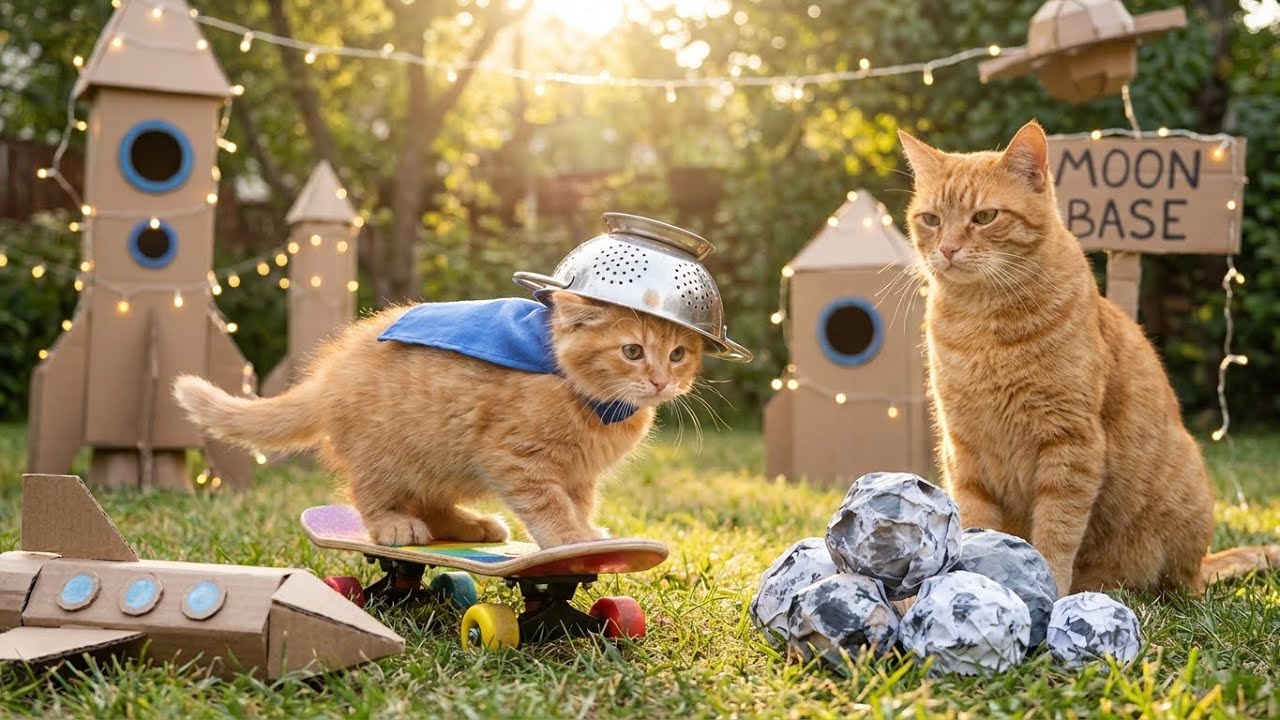 Kitten’s Space & Skateboard Adventure with Mama Cat 🚀🛹