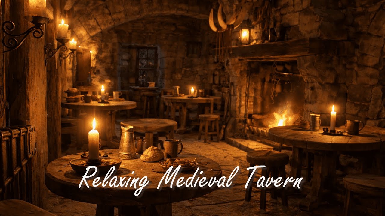 Relaxing Medieval Tavern Ambience 🍺 Calm Music & Fireplace Sounds | Cozy Stone Tavern at Night