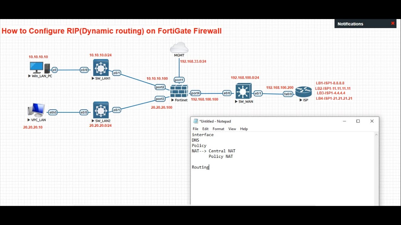 How to Configure RIP(Dynamic) Routing protocol on FortiGate firewall step by step lab in English