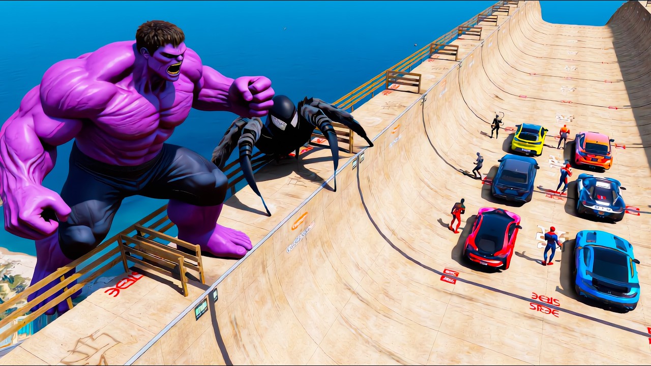 GTA 5 Mount Chiliad Mega Ramp: Purple Hulk vs. Superheroes Spiderman