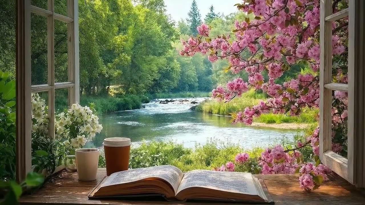 Calming Spring Forest Window View 🌸🍃 Gentle River Flow & Birdsong for Relaxation and Peace 😴🛀✍️