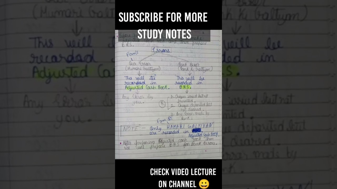Adjusted Cash Book Bank reconciliation statement Class 11 notes || Accounts || BRS class 11 notes