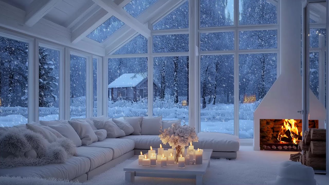 🤍🎹 White Ember Piano Ambience | Warm Fireplace Light & Falling Snow | Calm Focus Healing Relief