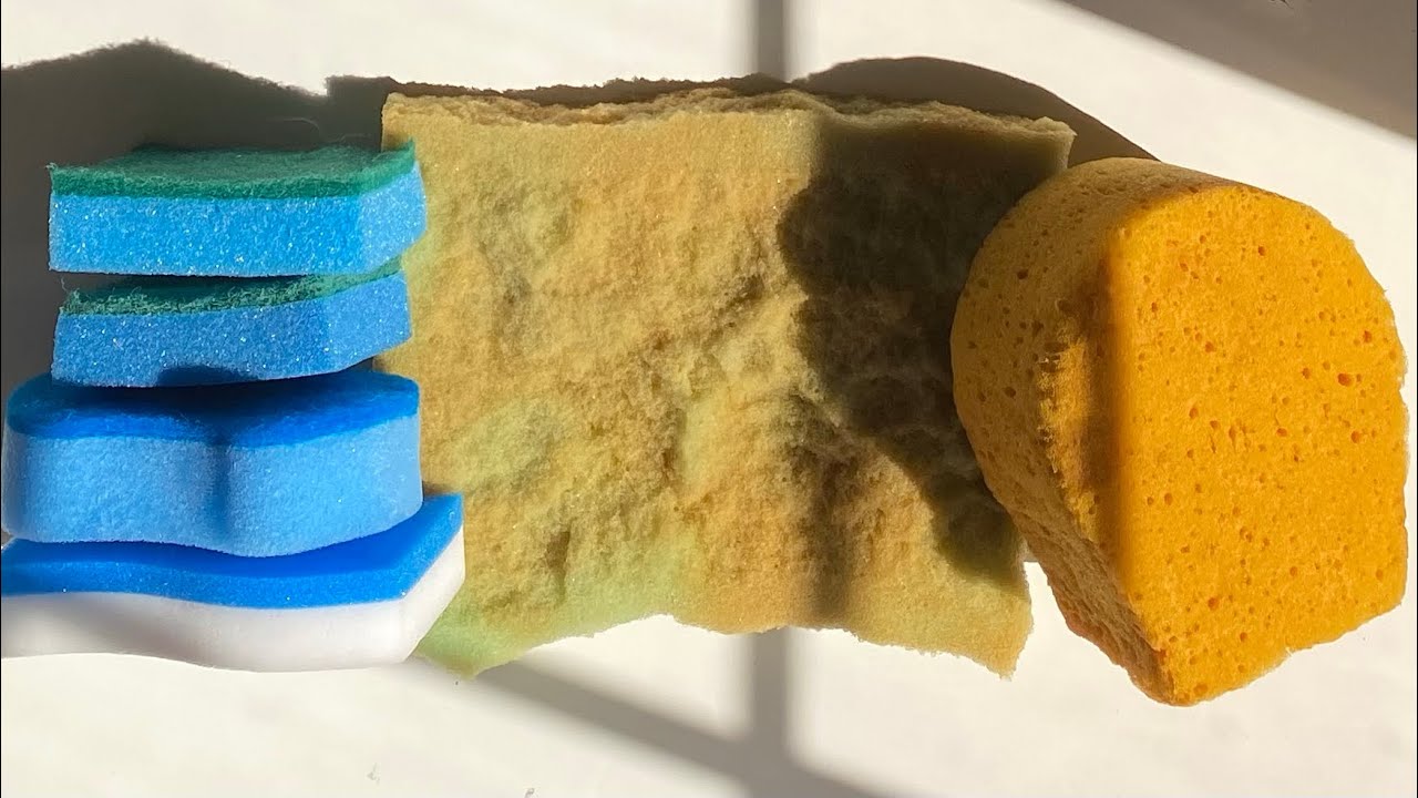 ASMR bulk variety damp sponge ripping - kitchen sponges + bleached foam