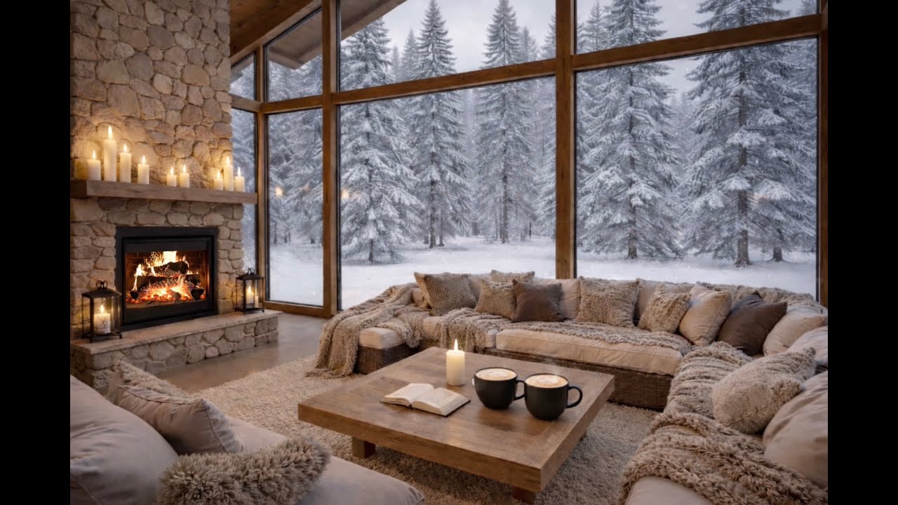10 Hours Cozy Cabin Fireplace ❄️ Crackling Fire & Falling Snow | Winter Study & Relax Ambience