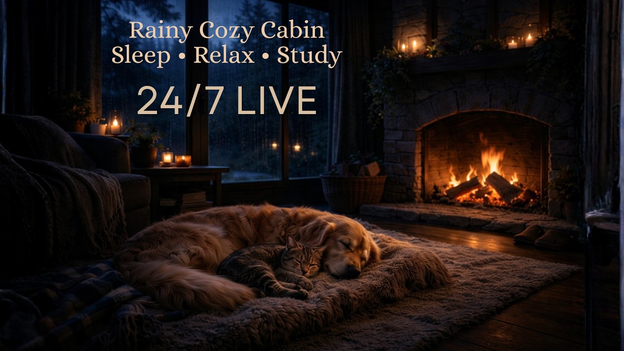 24/7 Cozy Rainy Cabin Fireplace 🌧️🔥 Rain Sounds for Sleep, Relax & Study