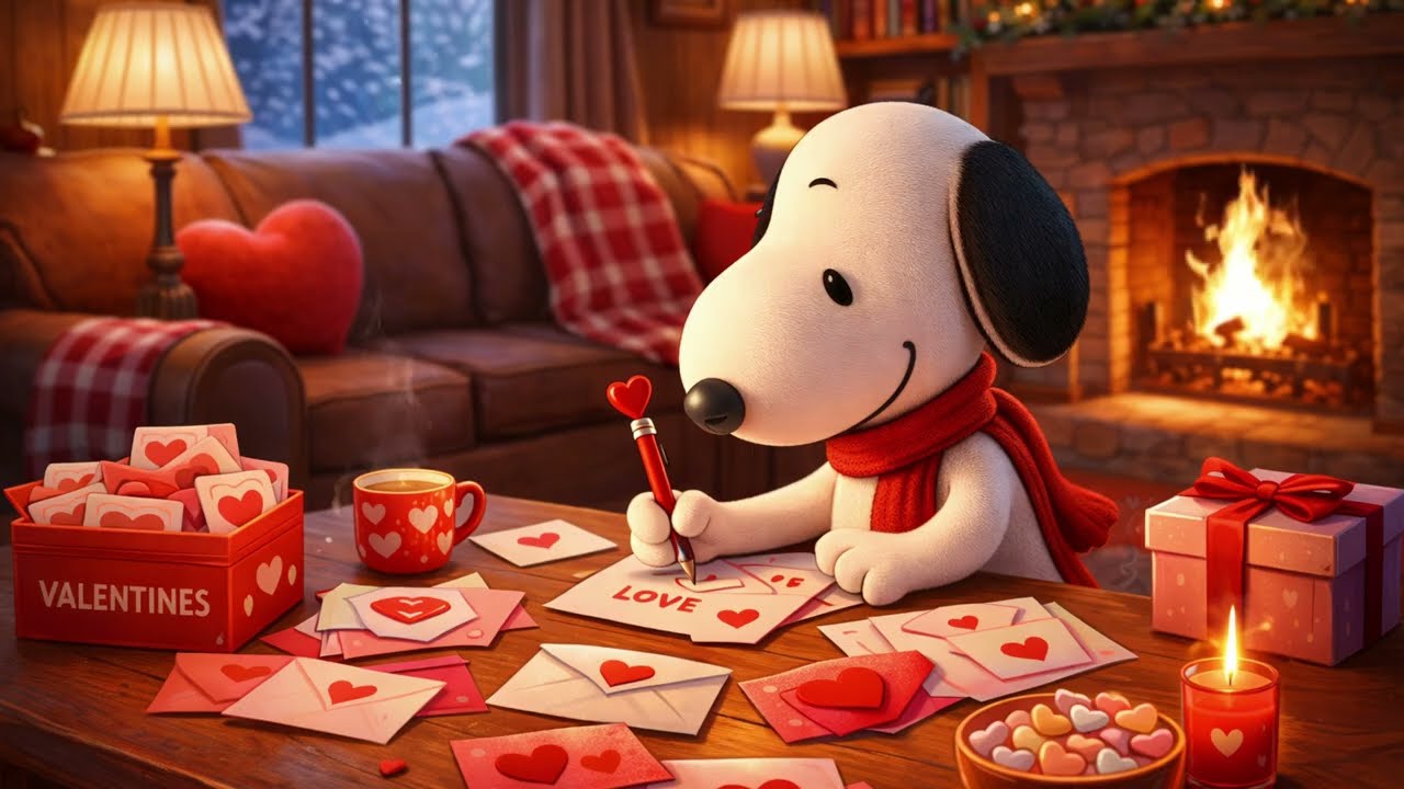 Classic Piano Love Songs with Snoopy Writing Valentine's Cards | Snowy Night & Fireplace❤️🔥☕️
