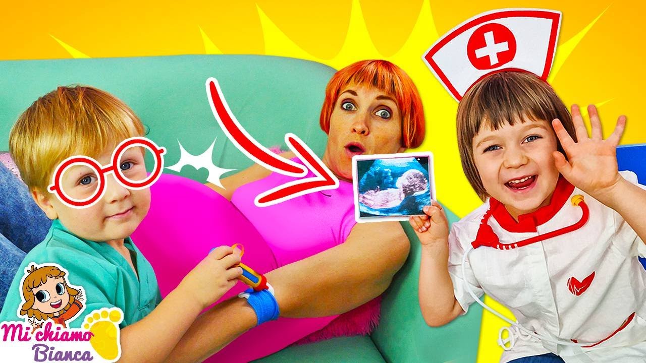 Perché alla mamma fa male la pancia? Giochi del dottore con la bambina Bianca. Video per bambini