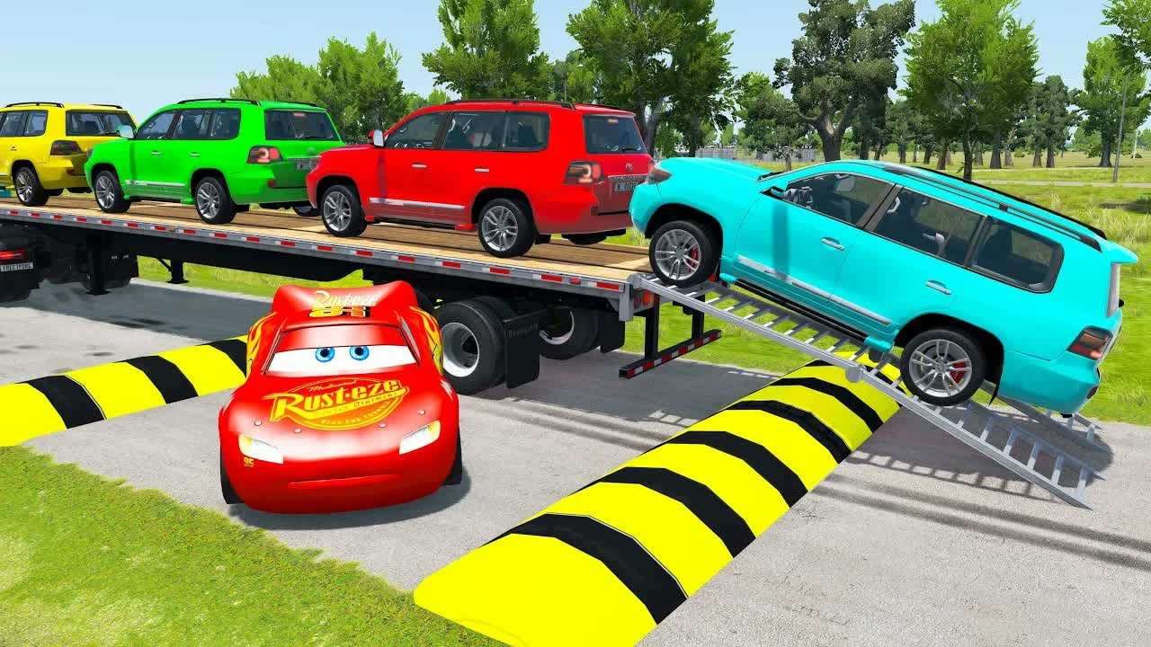 Flatbed Truck McQueen | Transportation with Truck - Pothole vs Car #24 | BeamNG.Drive Gameplay