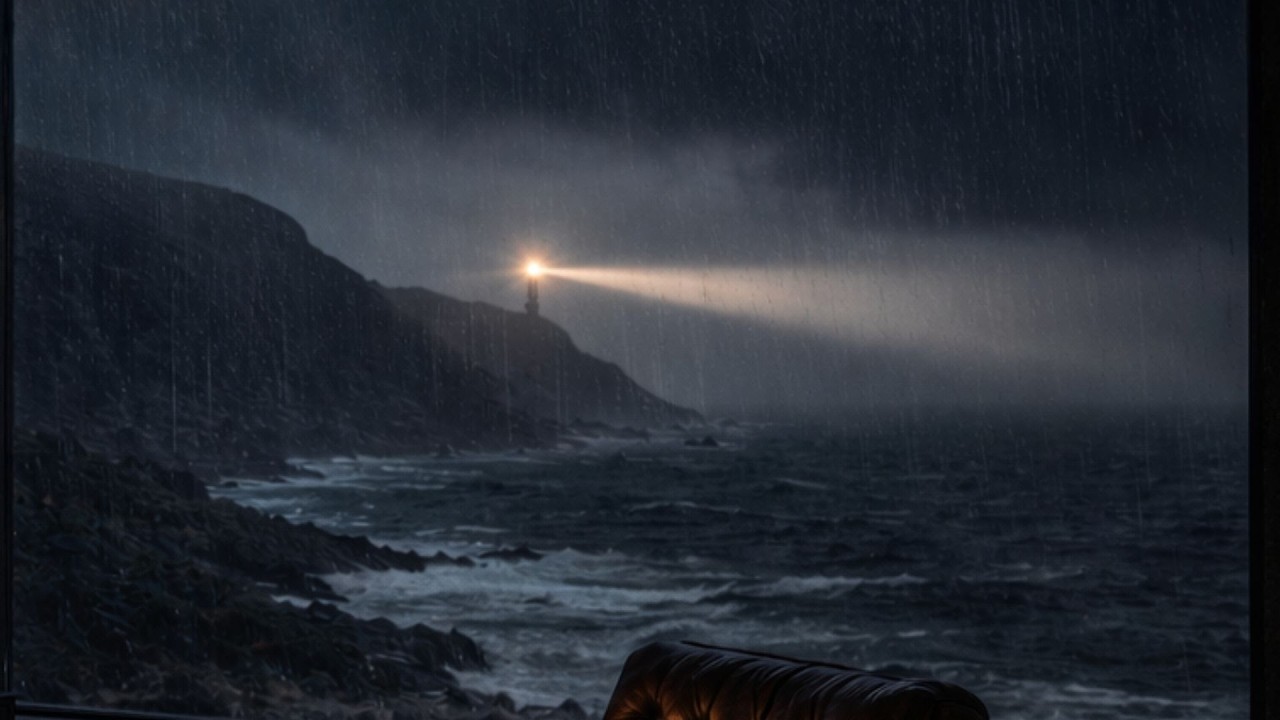 Brutalist Coastal Study During a Storm | Rain, Wind & Fireplace Sounds for Sleep (No Music)