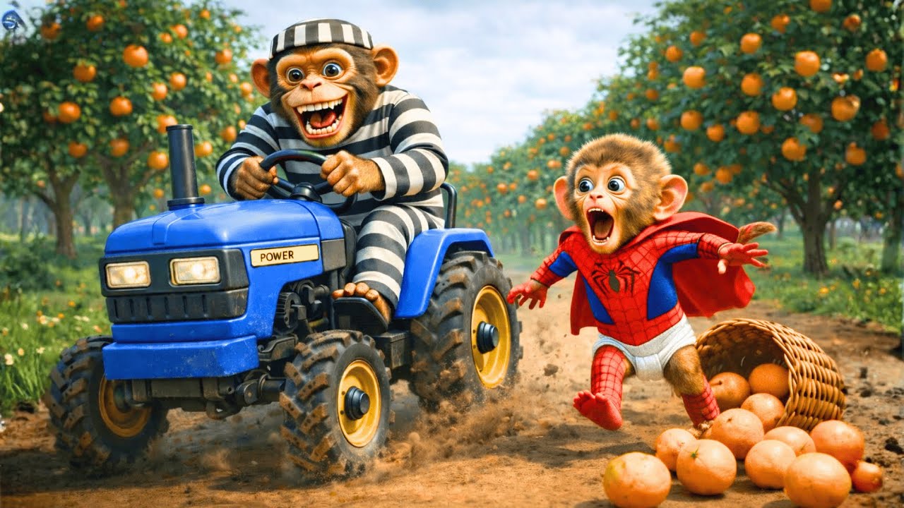 🚜🐵 Crazy Tractor Adventure! Monkey  Bonzi Hunts Down the Sneaky Thief 🍊