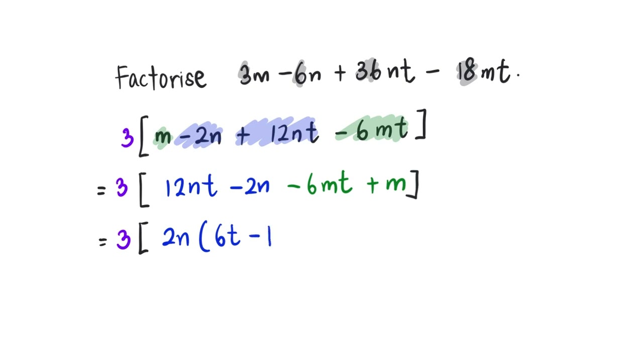 [Factorisation of Quadratic Expressions by Grouping Terms] 3m-6n+36nt-18mt