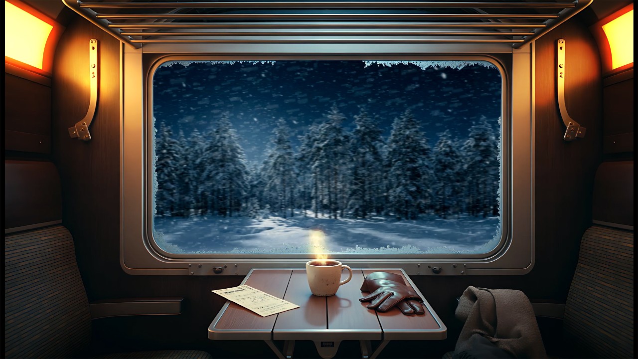 Cozy Winter Train Cabin with Noir Jazz | Heavy Snow & Rail Sounds