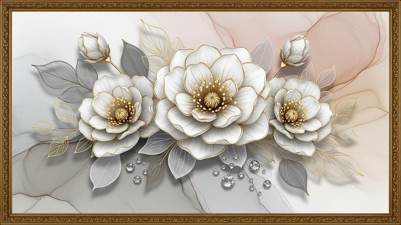 Graceful Gold-Touched White Flower 4K | Sophisticated Interior Art Visual