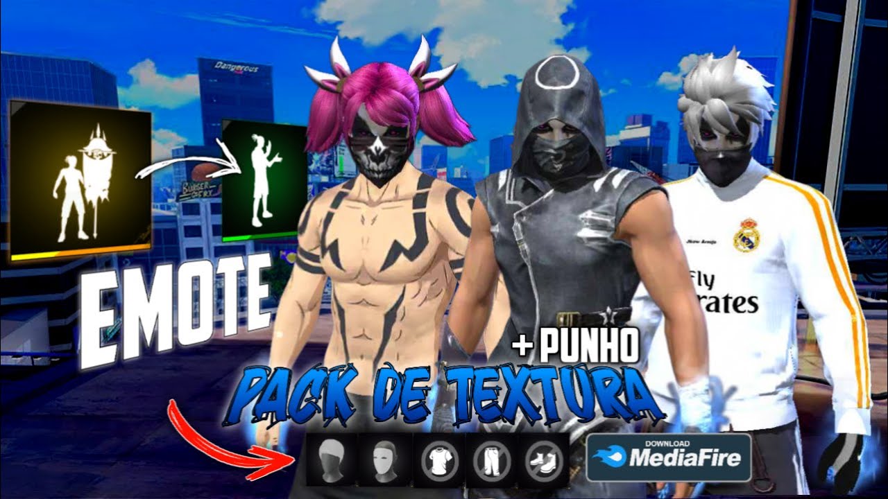 🔥 SUPER PACK de TEXTURA FREE FIRE com PUNHO na PADRÃO + EMOTE do BANDEIRÃO